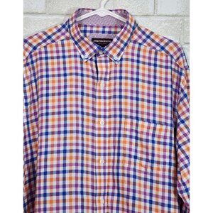 Johnston & Murphy Mens Button Down Shirt XL Orange Blue Plaid Check Long Sleeve